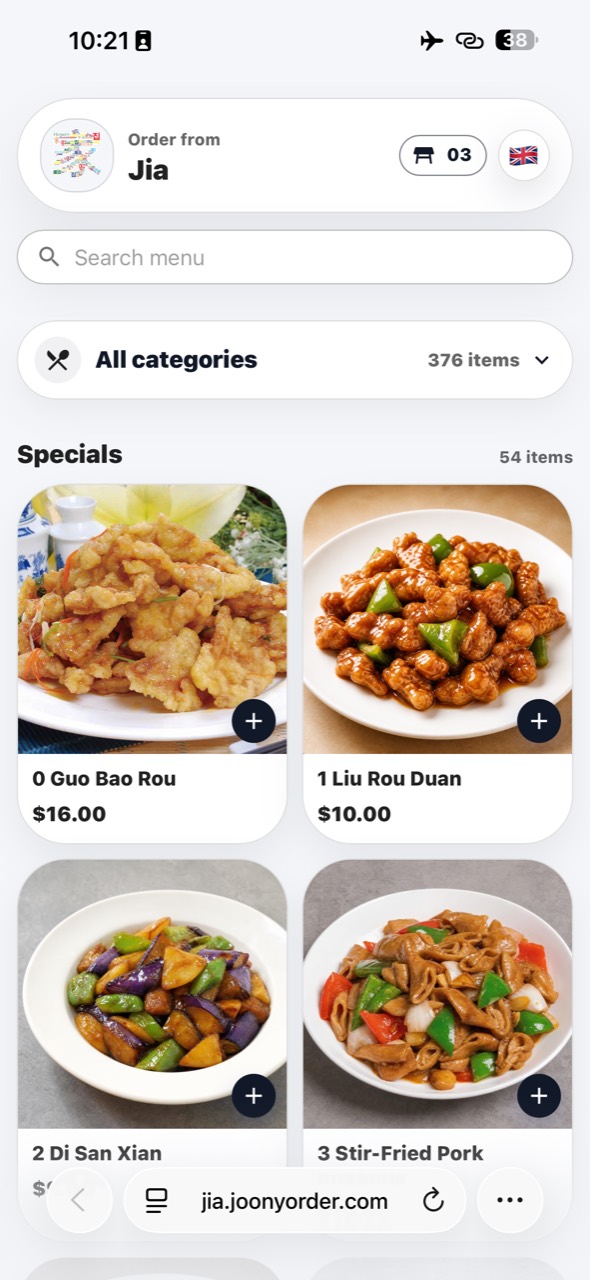 Joony Order mobile menu with search, categories and dish cards